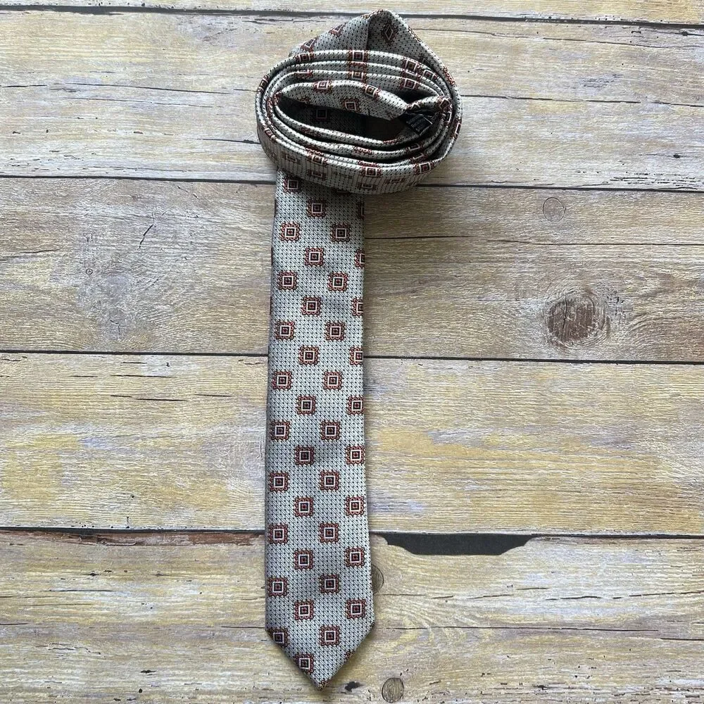 Adolfo Mens Necktie Brown‎ Tan Geometric Square Pattern Silk Blend Classic Tie